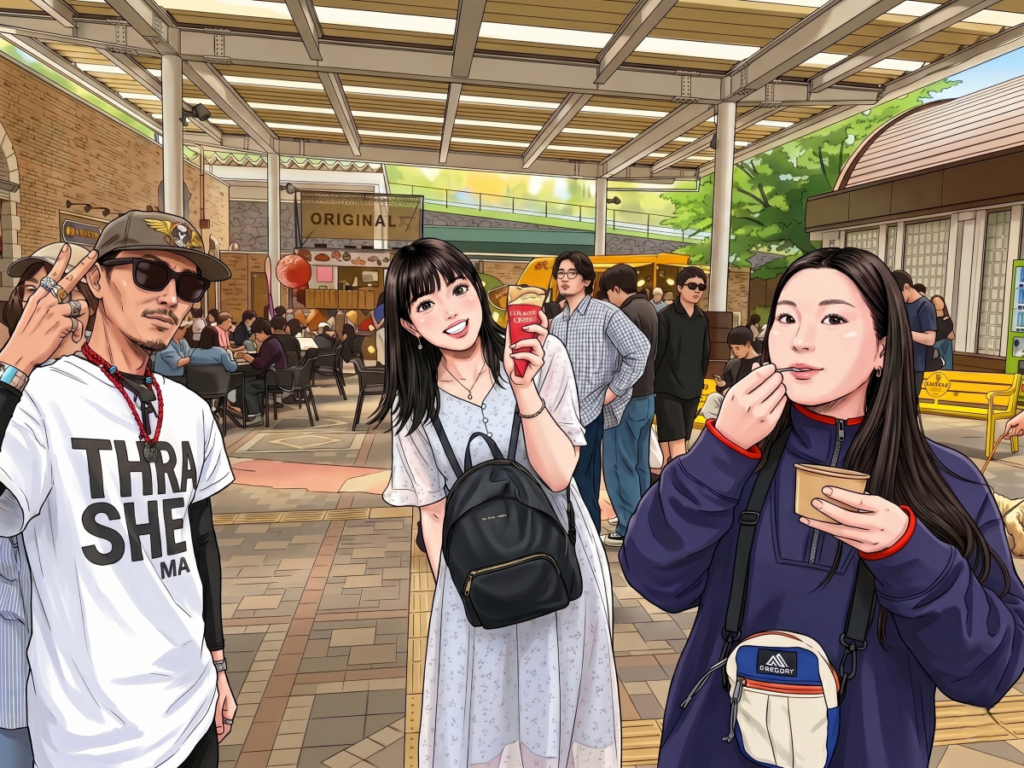 郷音G.O.A.T.グランピング到着前は、談合坂SAにてアイスやうどんを食べて休憩