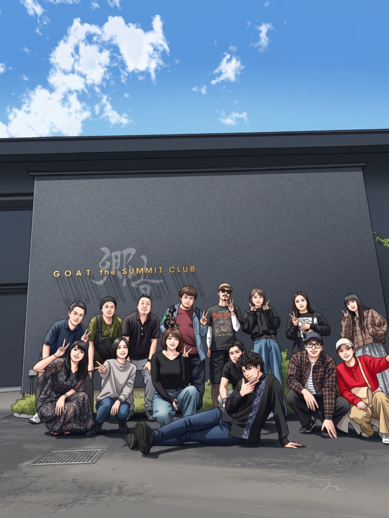 「郷音-G.O.A.T.-」 グランピング・サウナ施 設完全プライベートヴィラ棟「The Summit Club」 前にて吉祥寺飲み仲間と📷