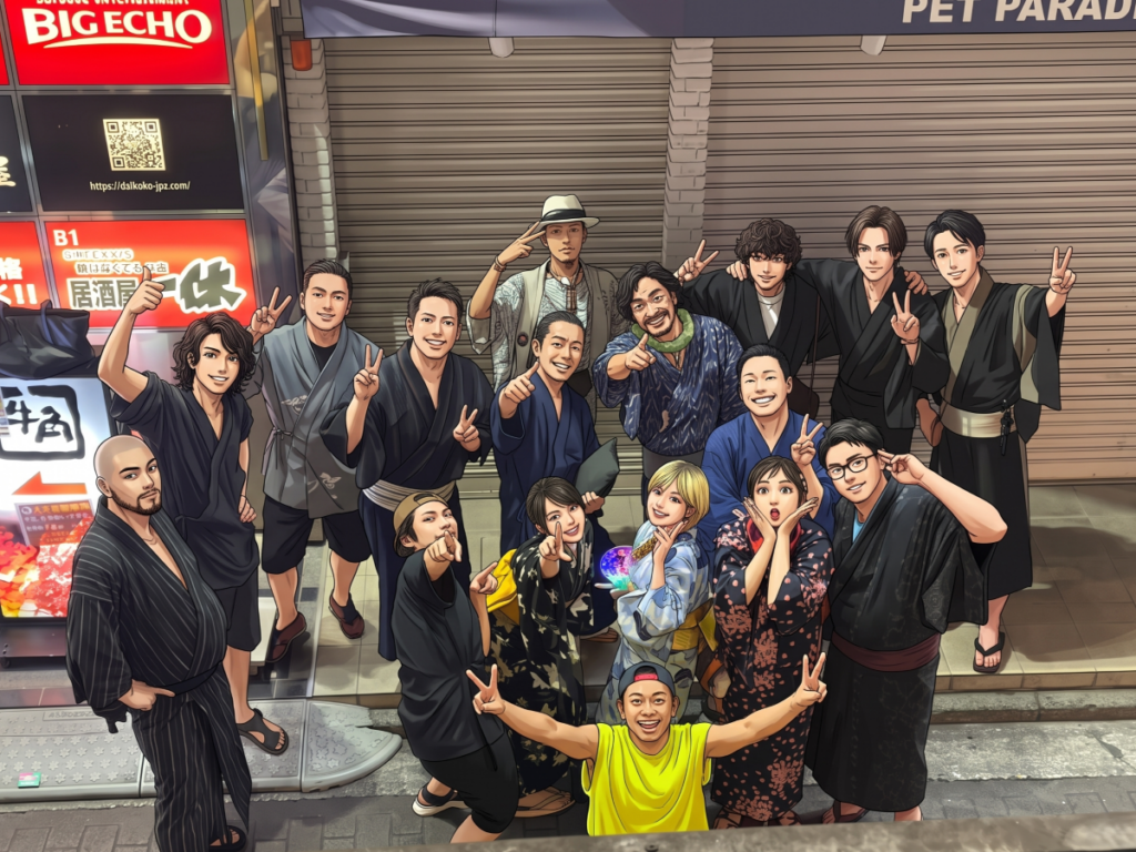 浴衣姿で吉祥寺ハモニカ横丁清水屋1号店🍺浴衣会集合写真ですが、蛍光色Tの清水屋マスターが一番目立っています(笑)